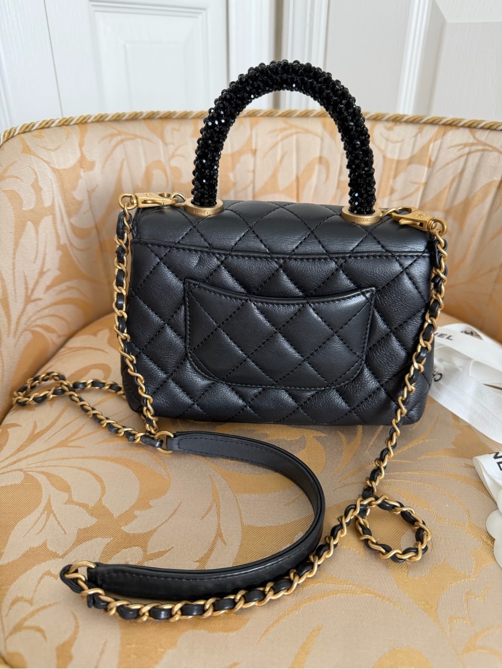 CHANEL Mini Flap Black Quilted Lambskin with Beaded-Handle Shoulder Bag. - Picture 2 of 16